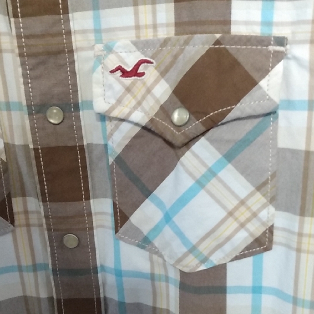 Hollister Plaid Western Snap Button Long Sleeve Shirt Men's Brown Blue White - Picture 3 of 15